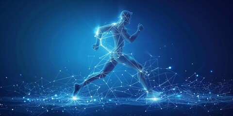 Running man low poly art. Exercise or marathon run polygonal illustrations on a blue background.