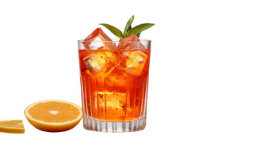 A glass of refreshing ice tea sits beside a vibrant slice of orange