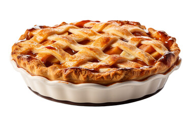 A close up of a delicious pie adorned with a flaky crust on a pristine white background