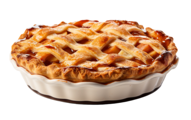 A close up of a delicious pie adorned with a flaky crust on a pristine white background