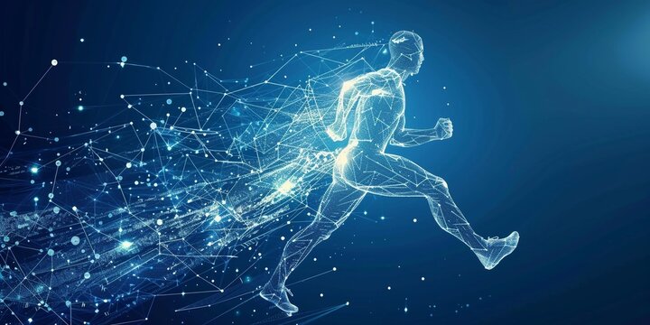 Running man low poly art. Exercise or marathon run polygonal illustrations on a blue background.