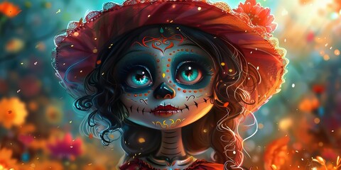 Illustration of Day of the Dead Character Concept for Mexican Day of The Dead Dia de los Muertos - obrazy, fototapety, plakaty