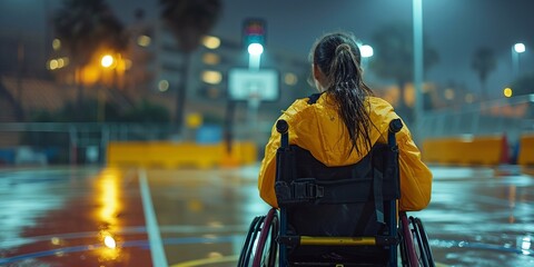 person with a disability basketball in wheelchairs playing in a sports gym hall. Concept sport for person with a disability.