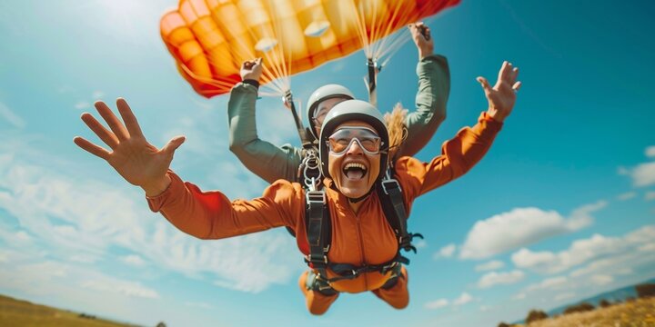 Skydiving. Tandem jump. Passenger is having fun.