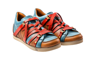 A vibrant pair of blue and red sneakers stand out against a clean white background
