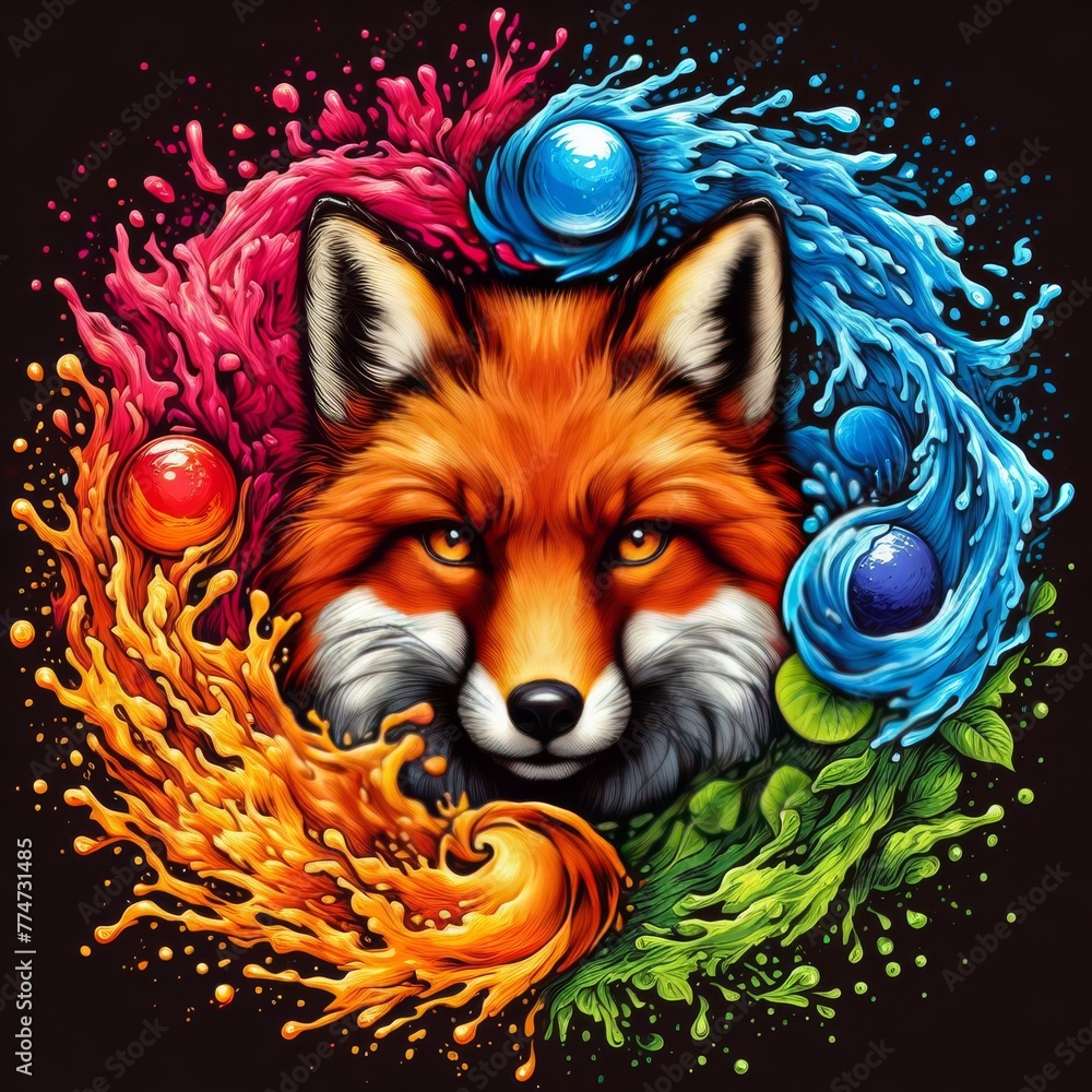 Poster a stunning digital painting of a fox embodied with elements of fire and water, presented in a vivid 