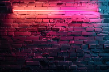 Brick wall with neon light coming from the ceiling