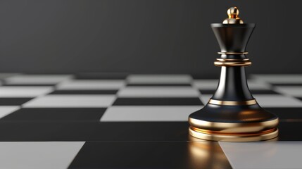 Three-dimensional render of a chess game piece, black rook with golden slim legs, classic checkered floor and abstract modern minimalism - obrazy, fototapety, plakaty