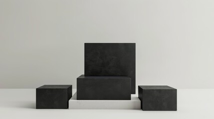 3D rendering, abstract black blocks isolated on white. Blank product display mockup, square stage, podium, empty pedestal, copy space. Primitive geometric shapes.
