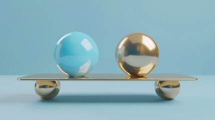 Balanced blue and gold balls placed on weighing scales, abstract geometric primitive shapes isolated on blue background. Statistics chart, comparison metaphor, balance concept. - obrazy, fototapety, plakaty