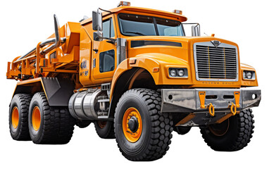 A large yellow dump truck stands boldly against a plain white background