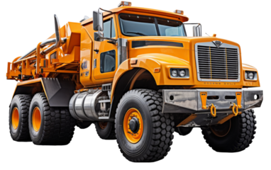 A large yellow dump truck stands boldly against a plain white background