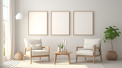 Fototapeta na wymiar Empty picture frame hanging on walls, minimalist space, 3D rendering large bright light beige living room, small chairs , white curtains. For Design, Background, Cover, Poster, Banner, PPT, KV design,