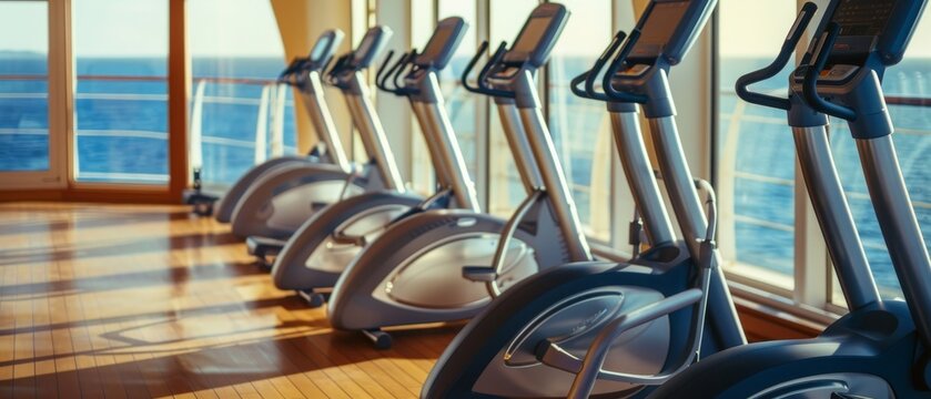 An elliptical cross trainer on a cruise ship with ocean views in a gym