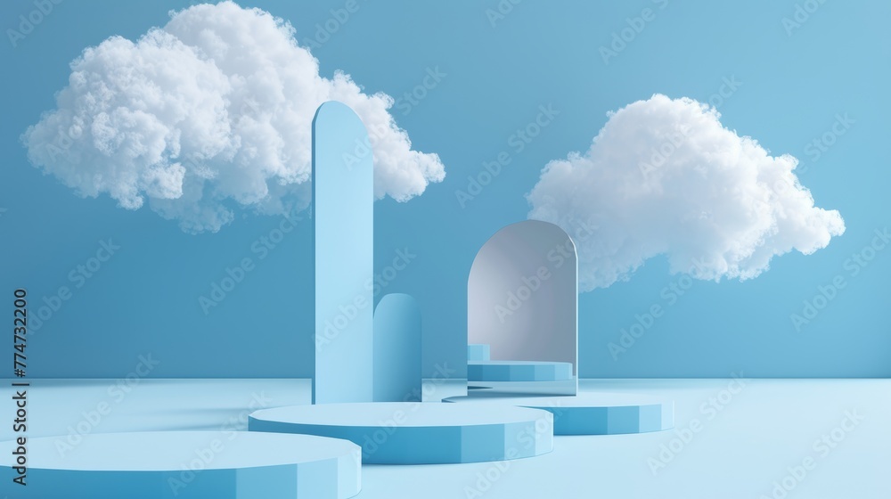 Poster render in 3d with three horizontal mirror shapes and white clouds on a blue background