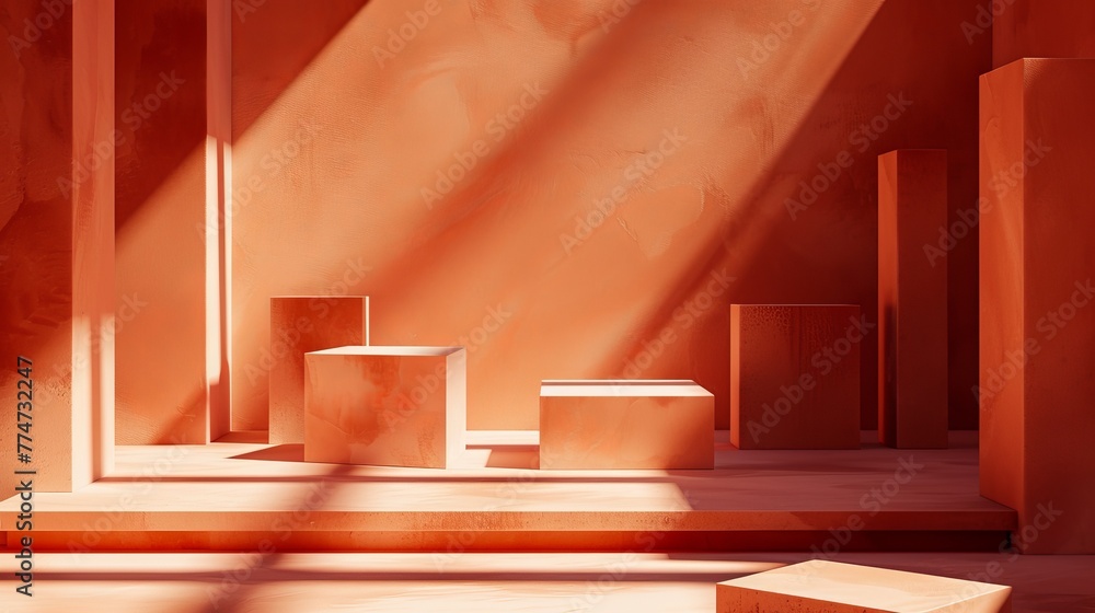 Poster a 3d render of an abstract modern showcase with empty podiums and geometric shapes isolated on terra