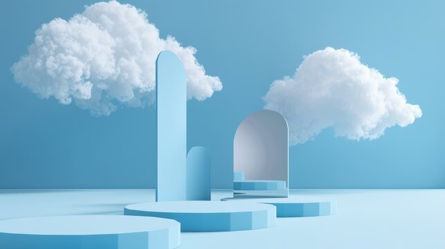 Render in 3D with three horizontal mirror shapes and white clouds on a blue background