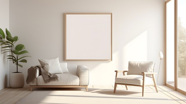 Empty picture frame hanging on walls, minimalist space, 3D rendering large bright light beige living room, small chairs , white curtains. For Design, Background, Cover, Poster, Banner, PPT, KV design,