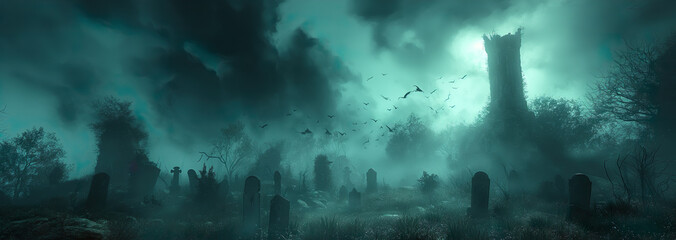 Mystical Ancient Cemetery And Old Fortress. Illustration On The Theme Of Fantasy And Horror. Generative AI	
