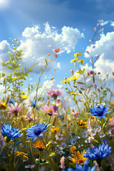 Closeup of summer meadow with colorful flowers, blue sky and sunshine in the background. - 774732629