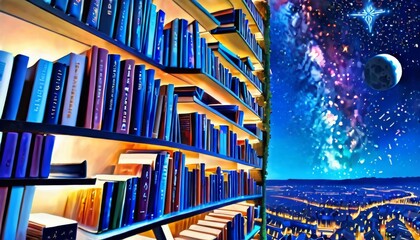 A vibrant bookshelf reaching into a star-splattered sky, merging the realms of literature and the expansive cosmos AI generation - obrazy, fototapety, plakaty