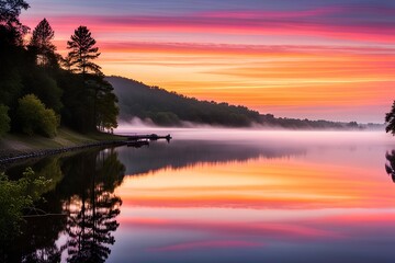 Lakeside scene at sunrise, with mist rising from the water and colorful clouds painting the sky in hues of pink and orange.
