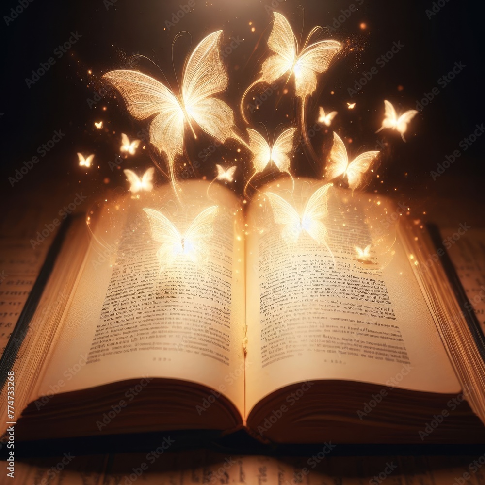 Aufkleber a captivating scene of an enchanted book, its pages aflutter with luminous butterflies, casting a wa