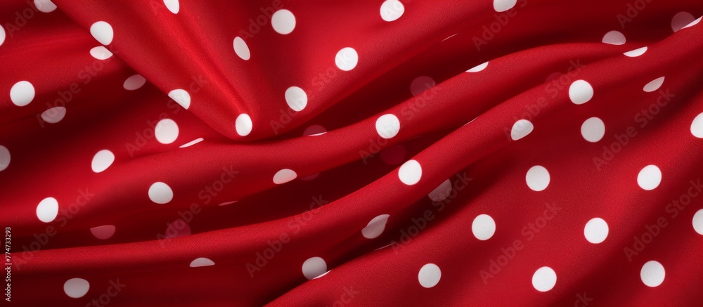 Poster detailed view of a textile pattern featuring red and white polka dots in a close-up shot