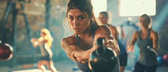 An exercising woman swings a kettlebell during a gym class - obrazy, fototapety, plakaty
