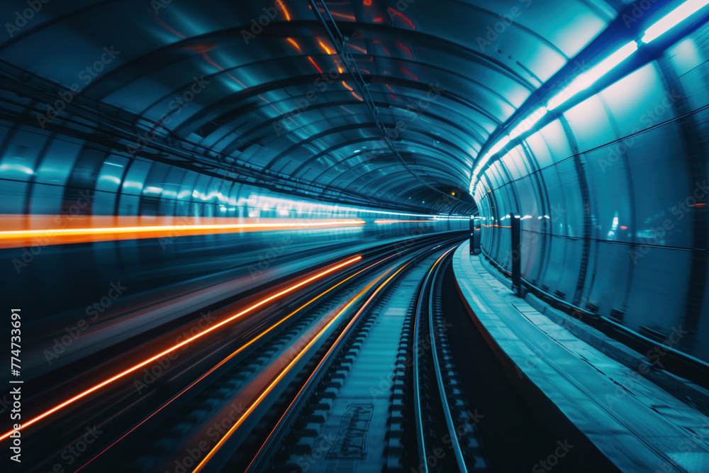Poster subway tunnel in motion blur. background image. created with generative ai technology.