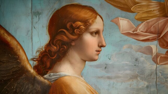Confident Renaissance Angel in Colorful Painting Gazes Over Spring Storm  generative ai