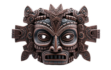 Naklejka premium A detailed wooden mask carved with intricate patterns and natural elements