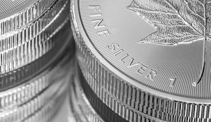 Macro Close up of a Silver Canadian Maple Leaf Bullion Coin