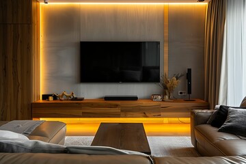 Enter a minimalist living room adorned with a sleek wooden wall-mounted TV above a minimalist cabinet