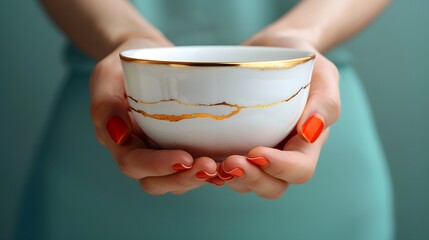 Luxe Embrace: Female Hands and the Beauty of Kintsugi Tea Cup