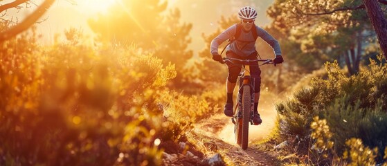 Taking part in extreme mountain bike sports, a man rides down a lifestyle trail in the outdoors - obrazy, fototapety, plakaty