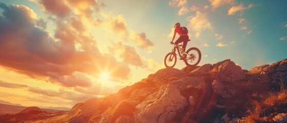 A variety of extreme sports and adventures. Exercise and a healthy lifestyle. A sunset landscape and a biker on it. Recreation and leisure in the outdoors.