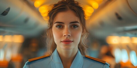 Flight attendant demonstrating safety procedures before takeoff emphasizing importance of following safety protocols to passengers. Concept Safety demonstration, In-flight procedures