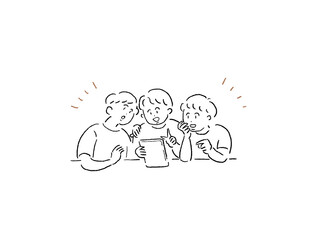 タブレットを触る小さい三人の男の子（線画）