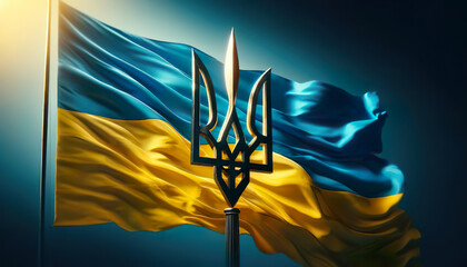 The emblematic trident stands proudly before a billowing Ukrainian flag, a symbol of steadfast spirit and unity - 774734613