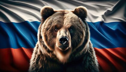 A formidable brown bear stands before the flowing Russian flag, symbolizing the nation's strength and spirit - 774734633
