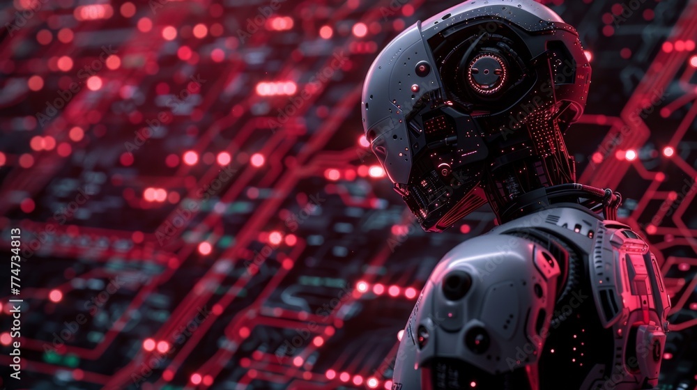 Poster Robot Analyzing Red Computer  Circuit