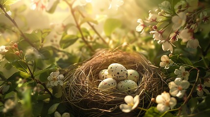 Discover the enchanting scene of an Easter nest bathed in dappled sunlight