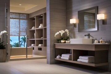 Soothing Spacious Contemporary Spa Bathroom with Luxury Amenities and Serene Color Palette