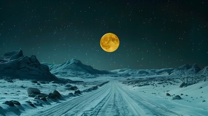 Dreamy Nighttime Journey to a Yellow Moon over Snowy Mountains