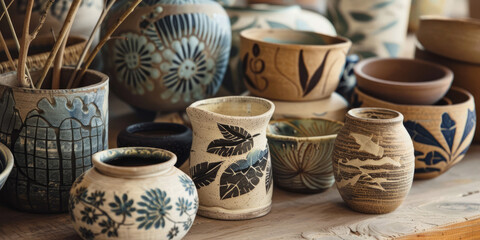 Artisan pottery collection with leaf motifs on a rustic table - obrazy, fototapety, plakaty