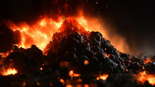 realistic scattered fire with smoke and sparks looped on black background