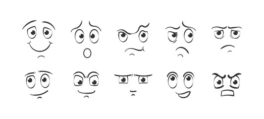 Collection memes.Set of emoticon hand drawn pattern.Different eyes, mouth, eyebrows.Doodle face, smile, happy, sad,shock, bored, sick, vomit,scream, joy, cry.Manga cartoon style. Vector illustration.