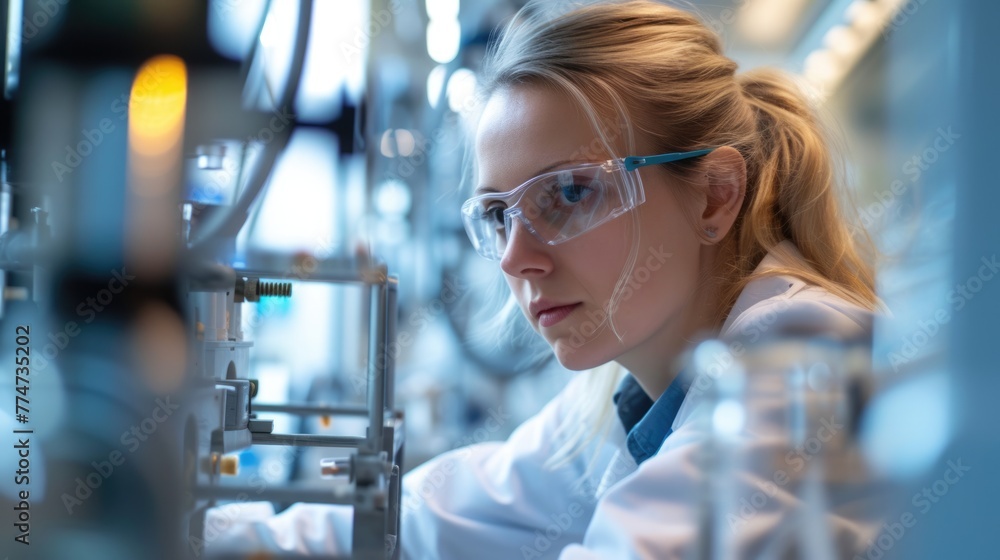 Poster an engineer is conducting experiments in a science lab, wearing a lab coat. aig41