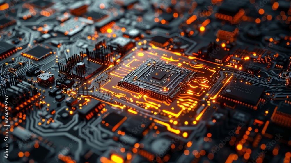 Poster close up of circuit board with yellow lights
